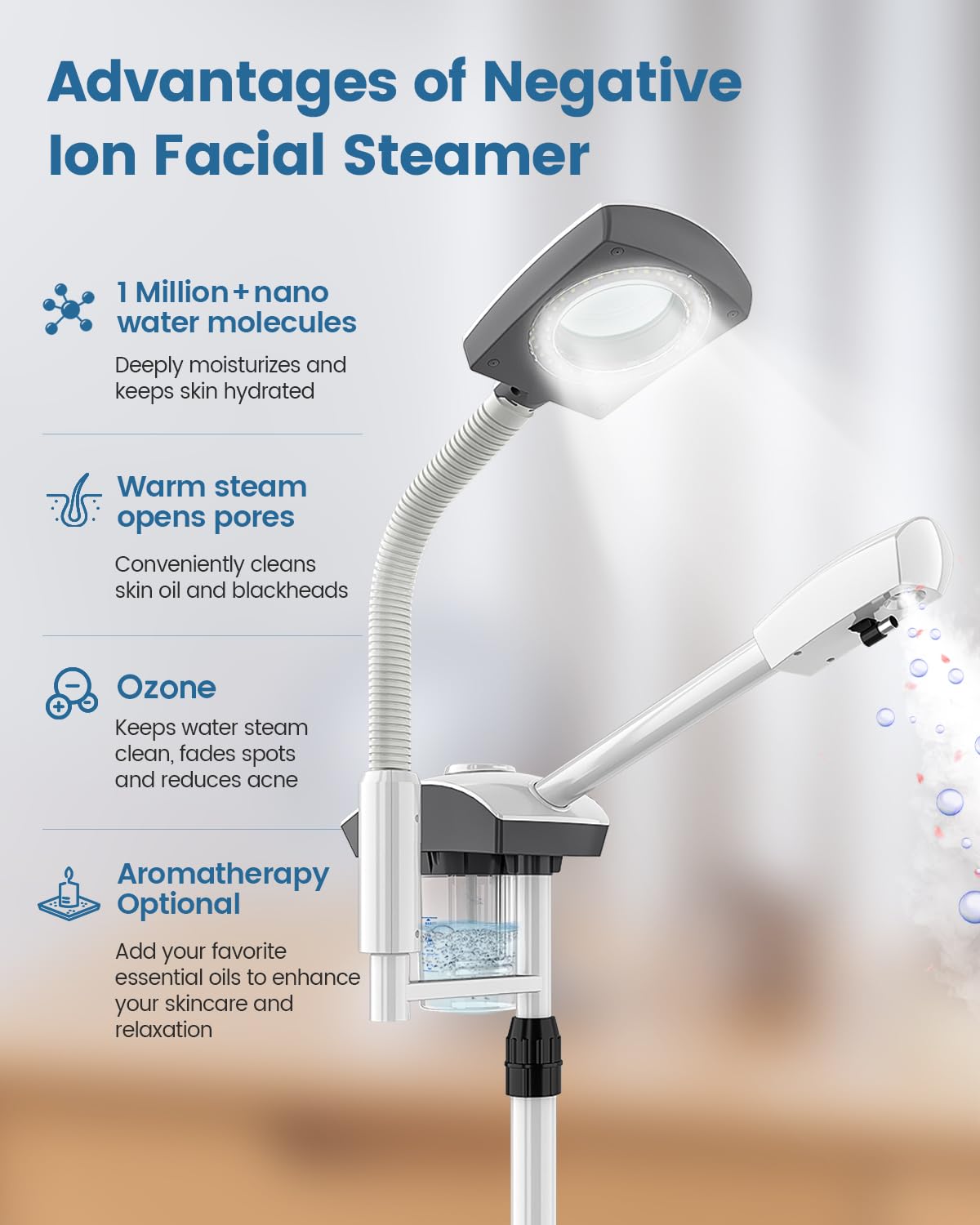 Professional Facial Steamer with Magnifying Lamp & Adjustable Hot Mist Therapy