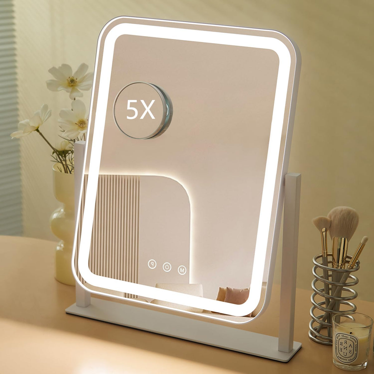 LED Makeup Mirror with 5X Magnification and Adjustable Lighting Modes