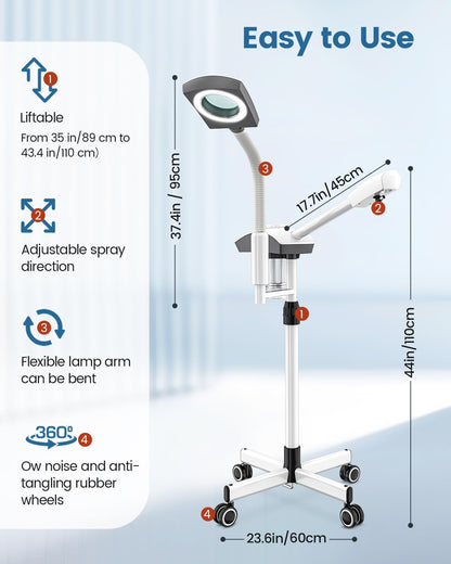 Professional Facial Steamer with Magnifying Lamp & Adjustable Hot Mist Therapy