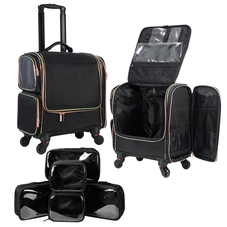Professional Rolling Makeup Train Case with Travel Cosmetic Storage Organizer