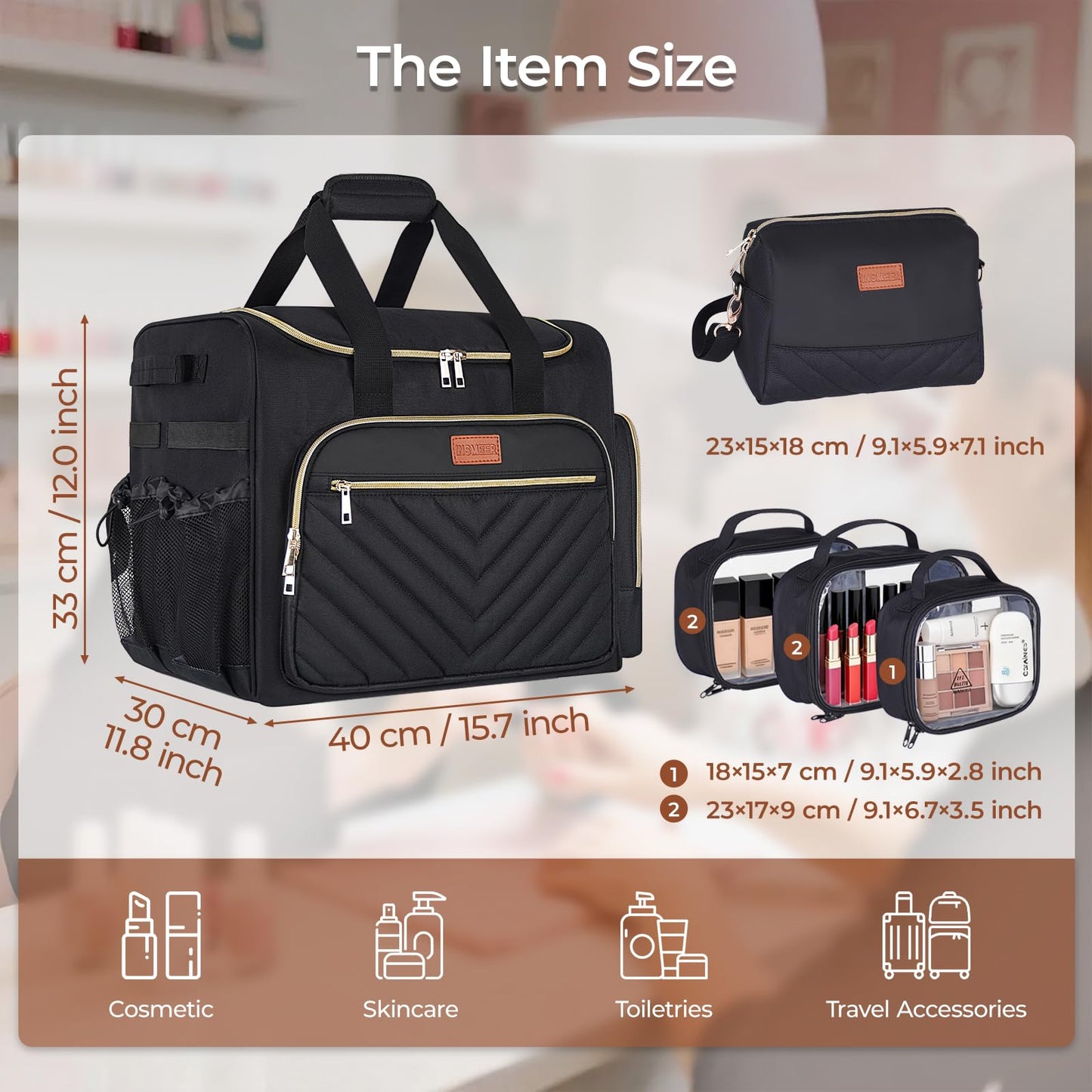 INSMEER Rolling Cosmetic Bag with 3 Removable Clear Bags and Shoulder Bag