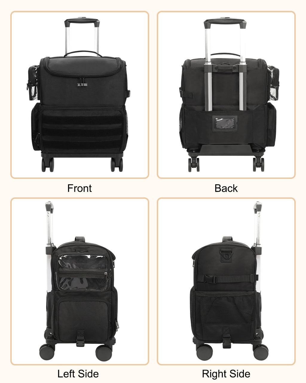 Rolling Makeup Train Case with Clear Bags and 360° Spinner Wheels Organizer