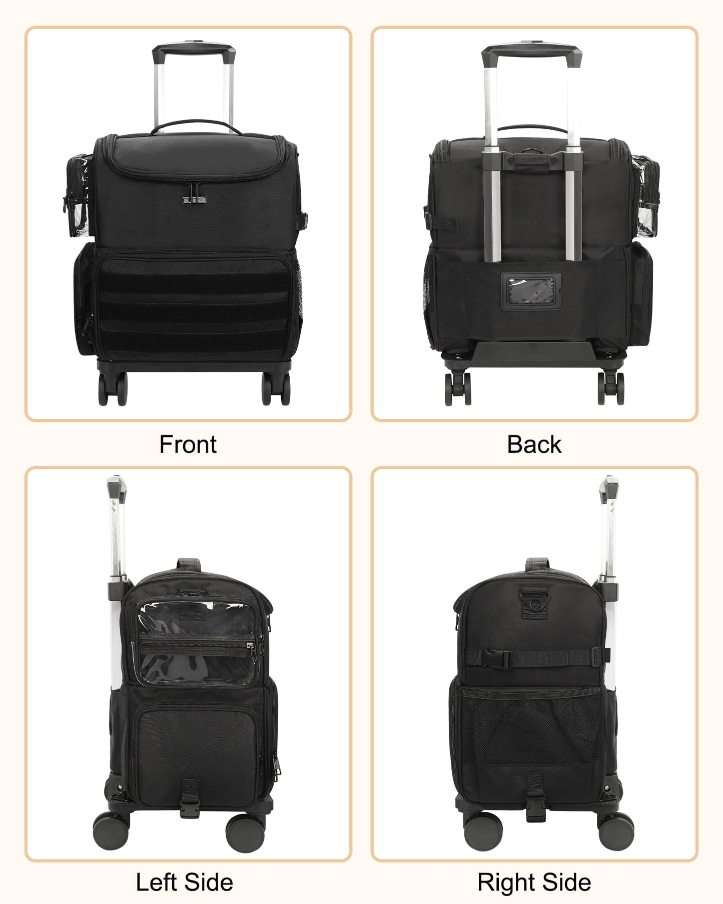 Rolling Makeup Train Case with Clear Bags and 360° Spinner Wheels Organizer