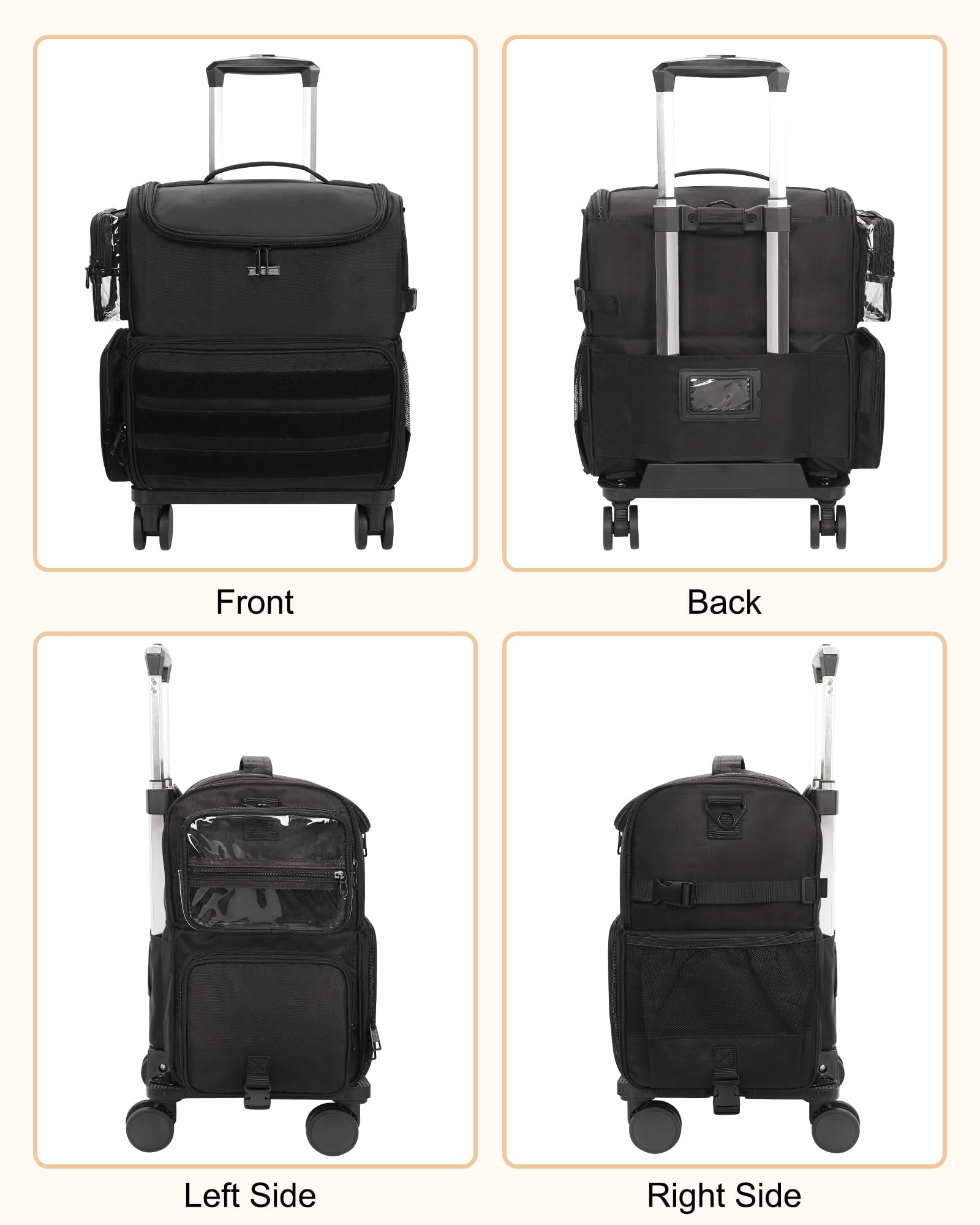 Rolling Makeup Train Case with Clear Bags and 360° Spinner Wheels Organizer
