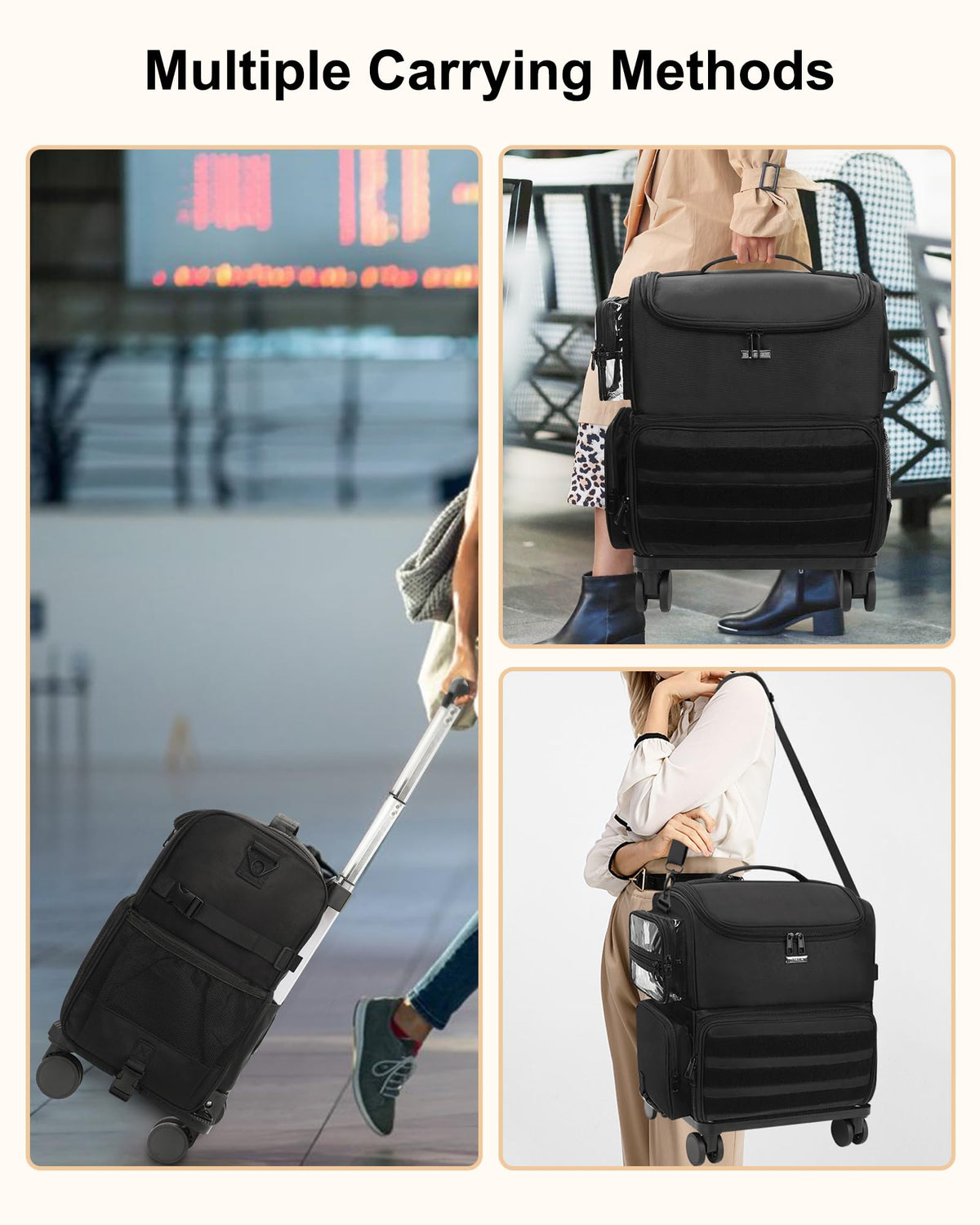 Rolling Makeup Train Case with Clear Bags and 360° Spinner Wheels Organizer
