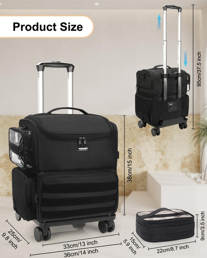 Rolling Makeup Train Case with Clear Bags and 360° Spinner Wheels Organizer