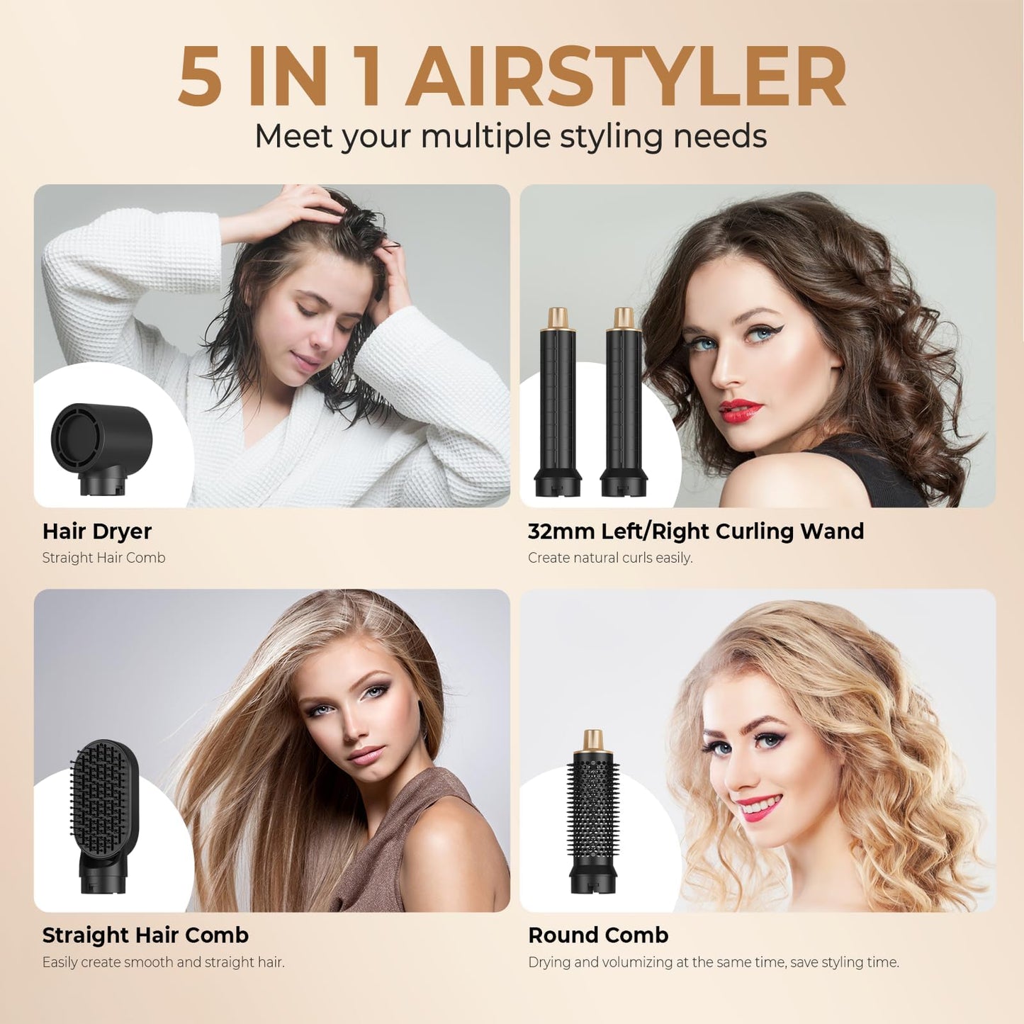 5-in-1 Hair Dryer Brush with Air Curling, Volumizing & Styling Tools