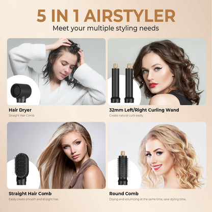 5-in-1 Hair Dryer Brush with Air Curling, Volumizing & Styling Tools