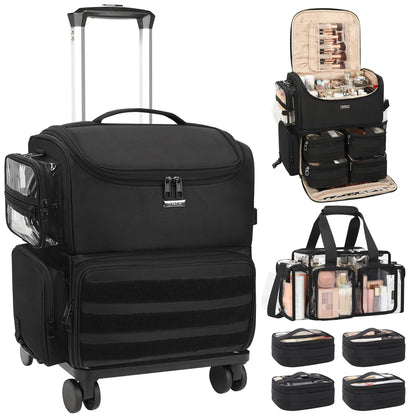 Rolling Makeup Train Case with Clear Bags and 360° Spinner Wheels Organizer