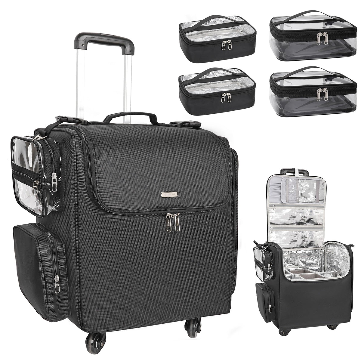 Rolling Makeup Train Case with Adjustable Dividers and Beauty Tool Storage Organizer