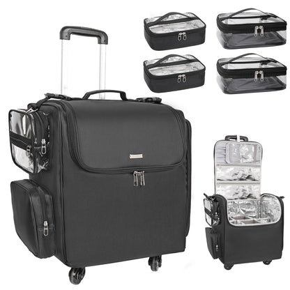 Rolling Makeup Train Case with Adjustable Dividers and Beauty Tool Storage Organizer