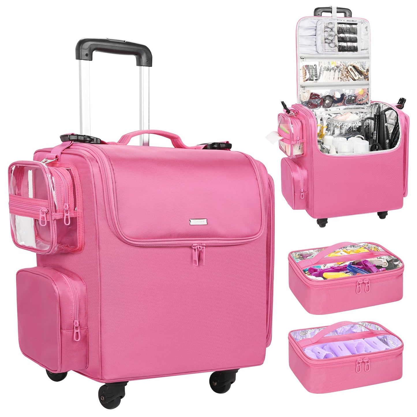 Rolling Makeup Train Case with Adjustable Dividers and Beauty Tool Storage Organizer