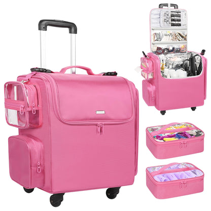 Rolling Makeup Train Case with Adjustable Dividers and Beauty Tool Storage Organizer