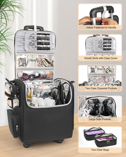 Rolling Makeup Train Case with Adjustable Dividers and Beauty Tool Storage Organizer