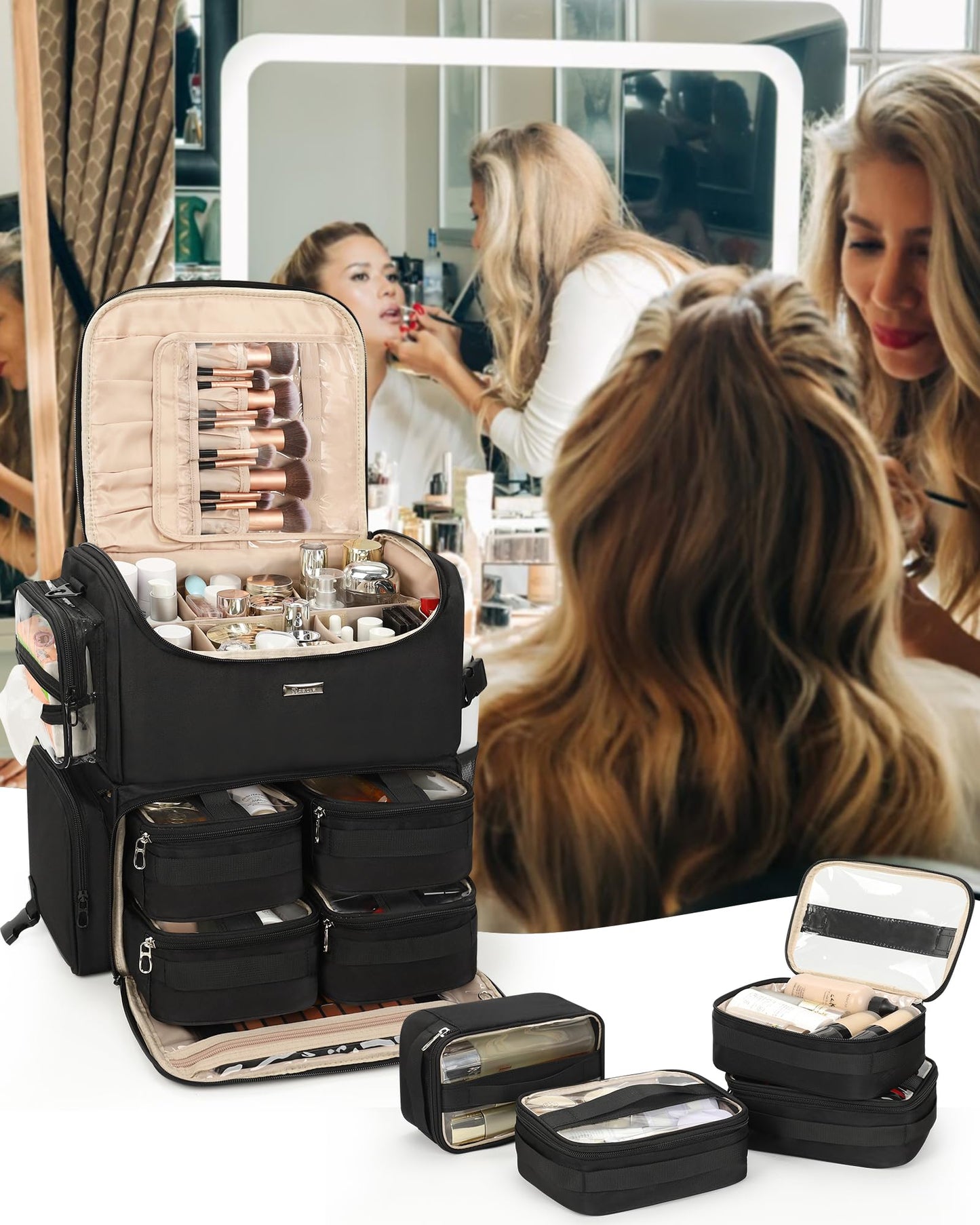 Rolling Makeup Train Case with Clear Bags and 360° Spinner Wheels Organizer