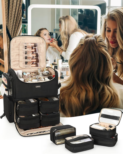 Rolling Makeup Train Case with Clear Bags and 360° Spinner Wheels Organizer