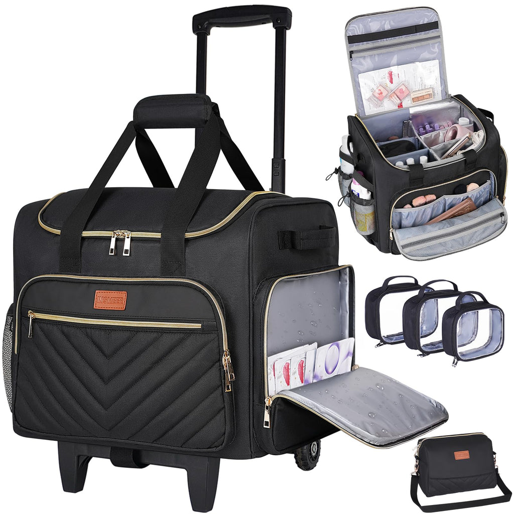 INSMEER Rolling Cosmetic Bag with 3 Removable Clear Bags and Shoulder Bag