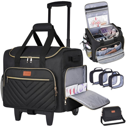 INSMEER Rolling Cosmetic Bag with 3 Removable Clear Bags and Shoulder Bag