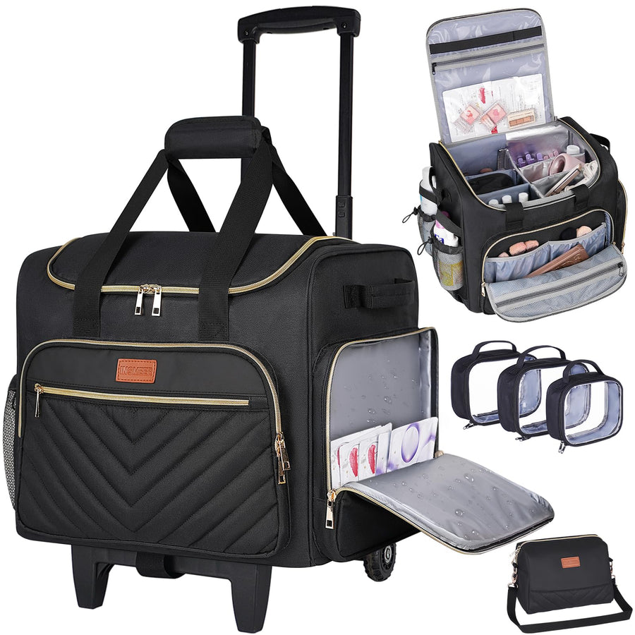 INSMEER Rolling Cosmetic Bag with 3 Removable Clear Bags and Shoulder Bag
