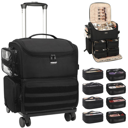 Rolling Makeup Train Case with Clear Bags and 360° Spinner Wheels Organizer