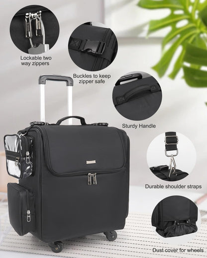Rolling Makeup Train Case with Adjustable Dividers and Beauty Tool Storage Organizer