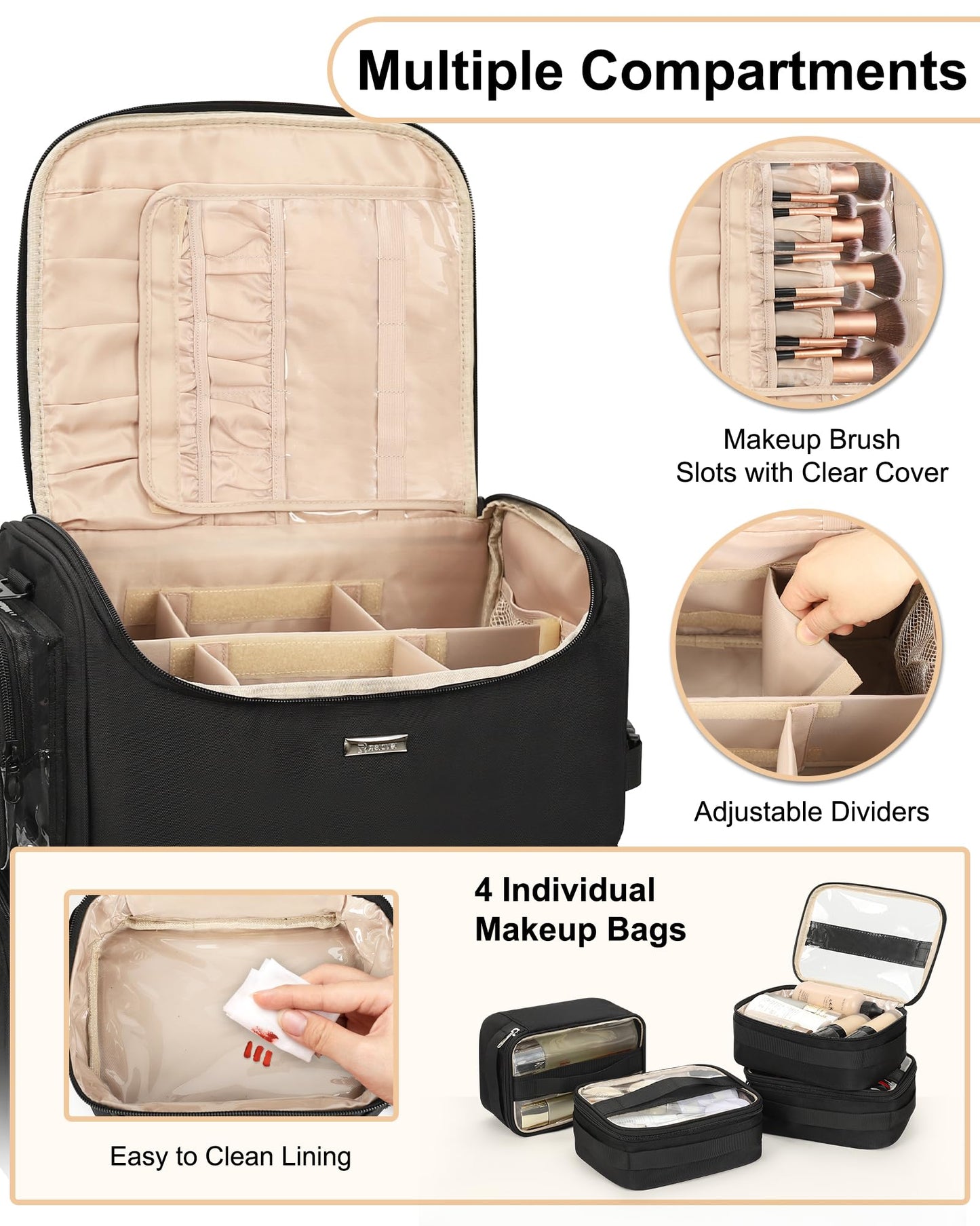Rolling Makeup Train Case with Clear Bags and 360° Spinner Wheels Organizer