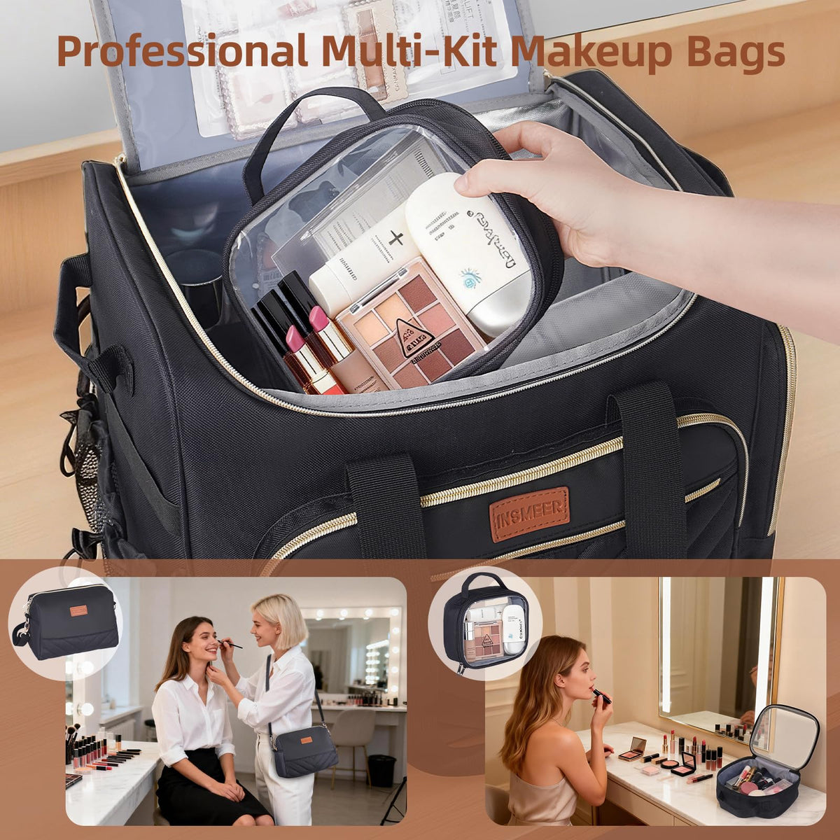 INSMEER Rolling Cosmetic Bag with 3 Removable Clear Bags and Shoulder Bag
