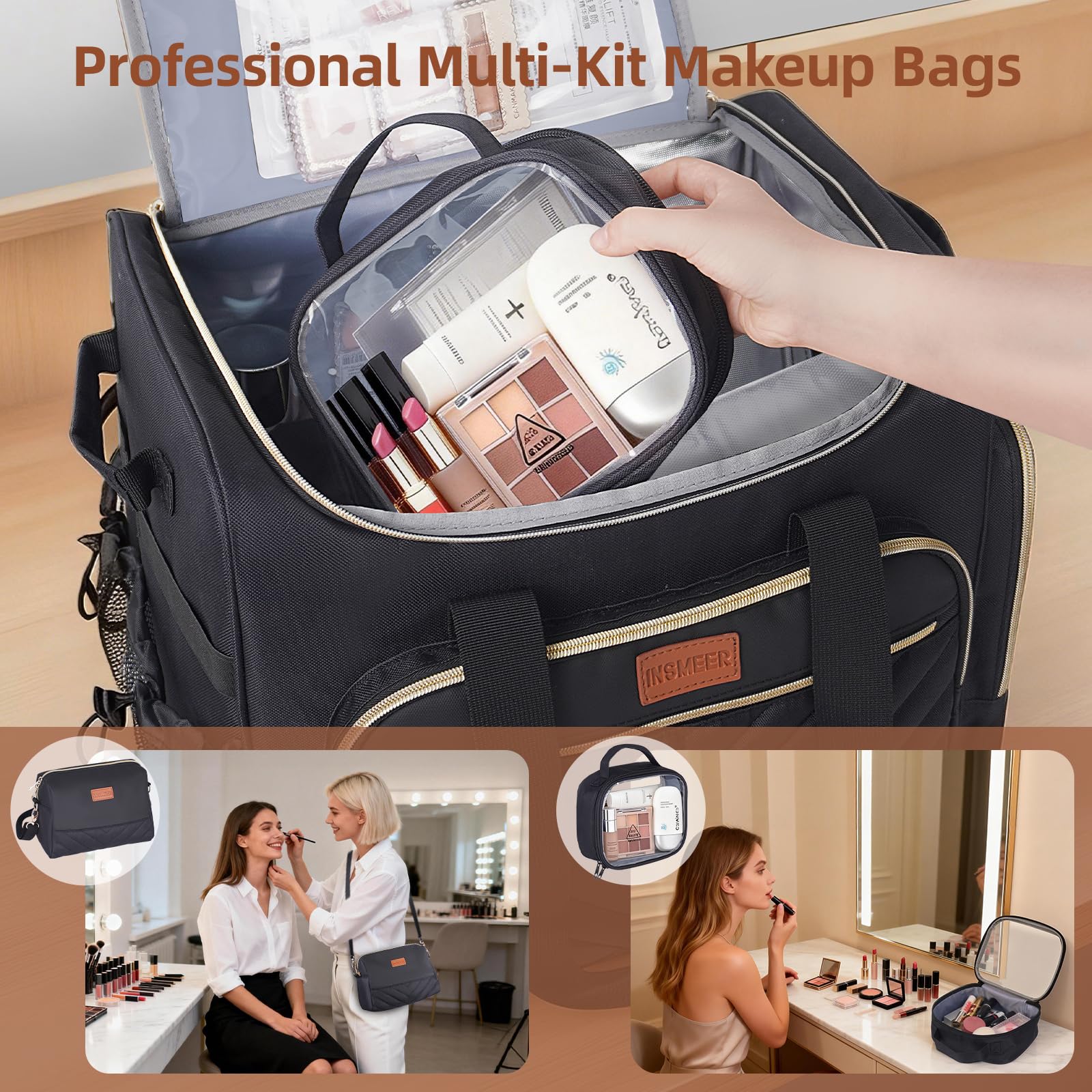 INSMEER Rolling Cosmetic Bag with 3 Removable Clear Bags and Shoulder Bag