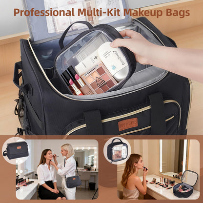 INSMEER Rolling Cosmetic Bag with 3 Removable Clear Bags and Shoulder Bag