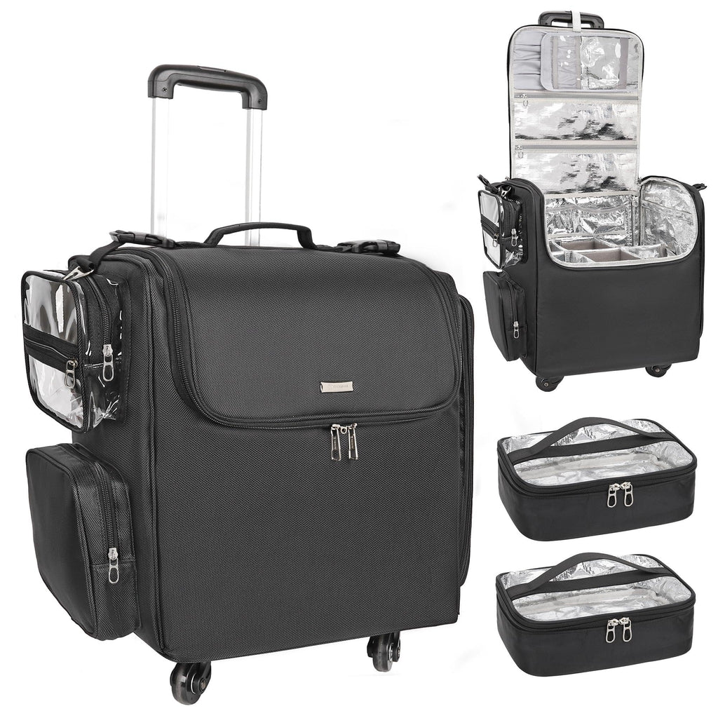 Rolling Makeup Train Case with Adjustable Dividers and Beauty Tool Storage Organizer