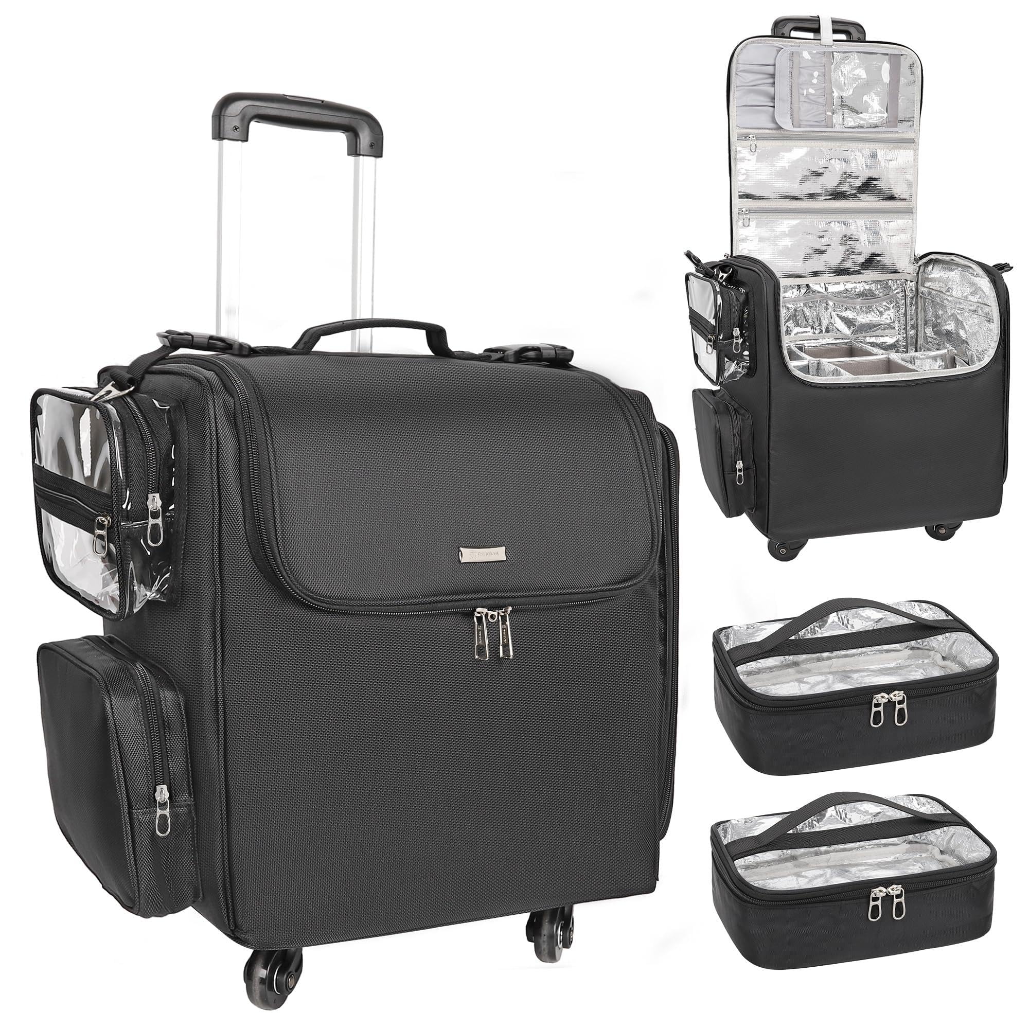 Rolling Makeup Train Case with Adjustable Dividers and Beauty Tool Storage Organizer