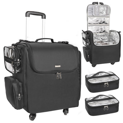 Rolling Makeup Train Case with Adjustable Dividers and Beauty Tool Storage Organizer