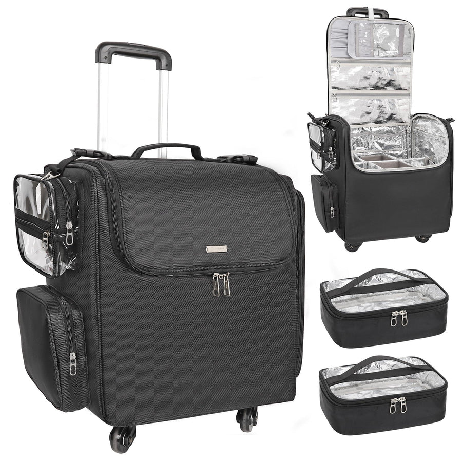 Rolling Makeup Train Case with Adjustable Dividers and Beauty Tool Storage Organizer