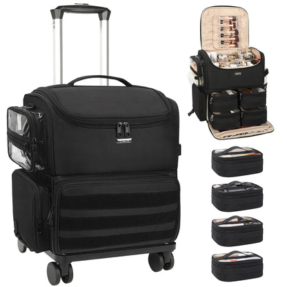 Rolling Makeup Train Case with Clear Bags and 360° Spinner Wheels Organizer