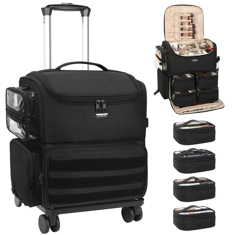 Rolling Makeup Train Case with Clear Bags and 360° Spinner Wheels Organizer
