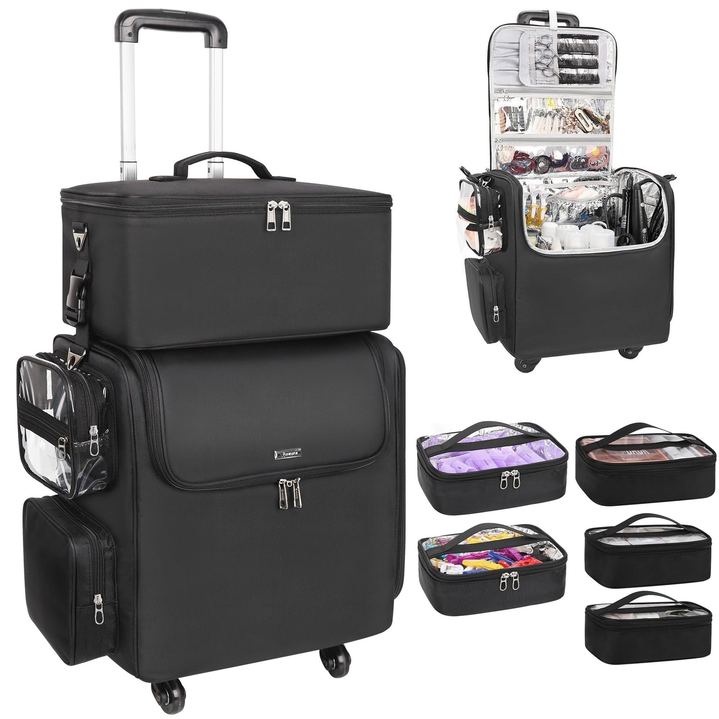 Rolling Makeup Train Case with Adjustable Dividers and Beauty Tool Storage Organizer