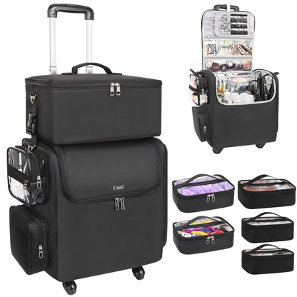 Rolling Makeup Train Case with Adjustable Dividers and Beauty Tool Storage Organizer