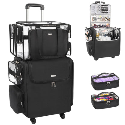 Rolling Makeup Train Case with Adjustable Dividers and Beauty Tool Storage Organizer