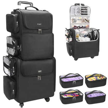 Rolling Makeup Train Case with Adjustable Dividers and Beauty Tool Storage Organizer