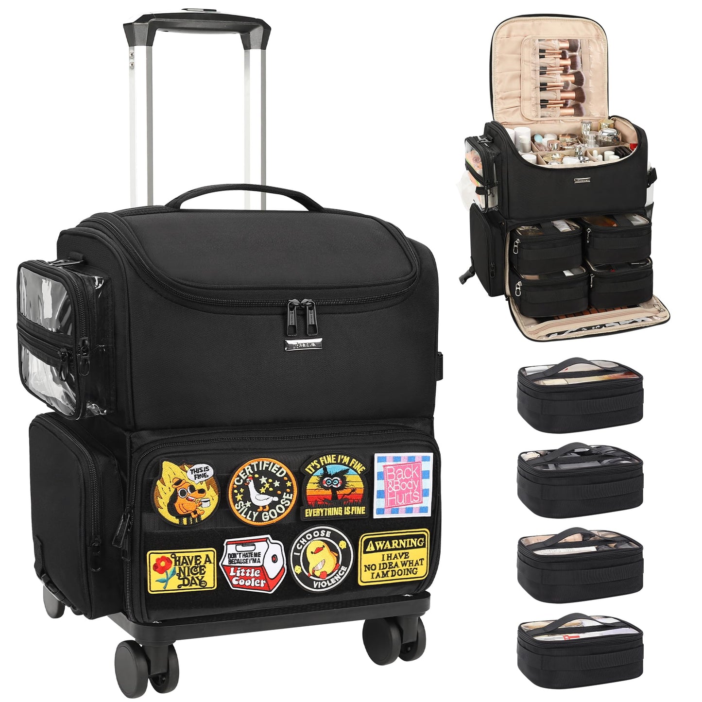 Rolling Makeup Train Case with Clear Bags and 360° Spinner Wheels Organizer