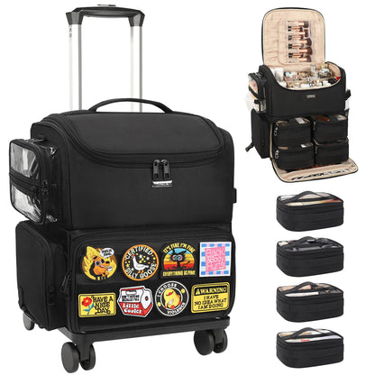 Rolling Makeup Train Case with Clear Bags and 360° Spinner Wheels Organizer