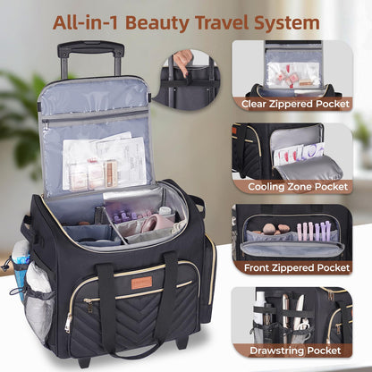 INSMEER Rolling Cosmetic Bag with 3 Removable Clear Bags and Shoulder Bag