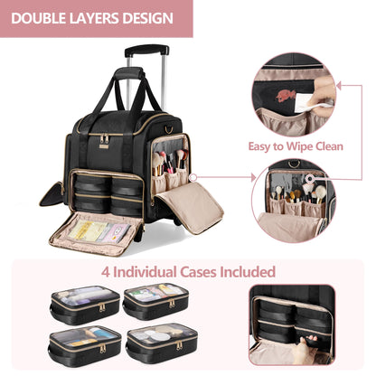 Prokva Rolling Makeup Case, Professional Makeup Train Case with Wheels