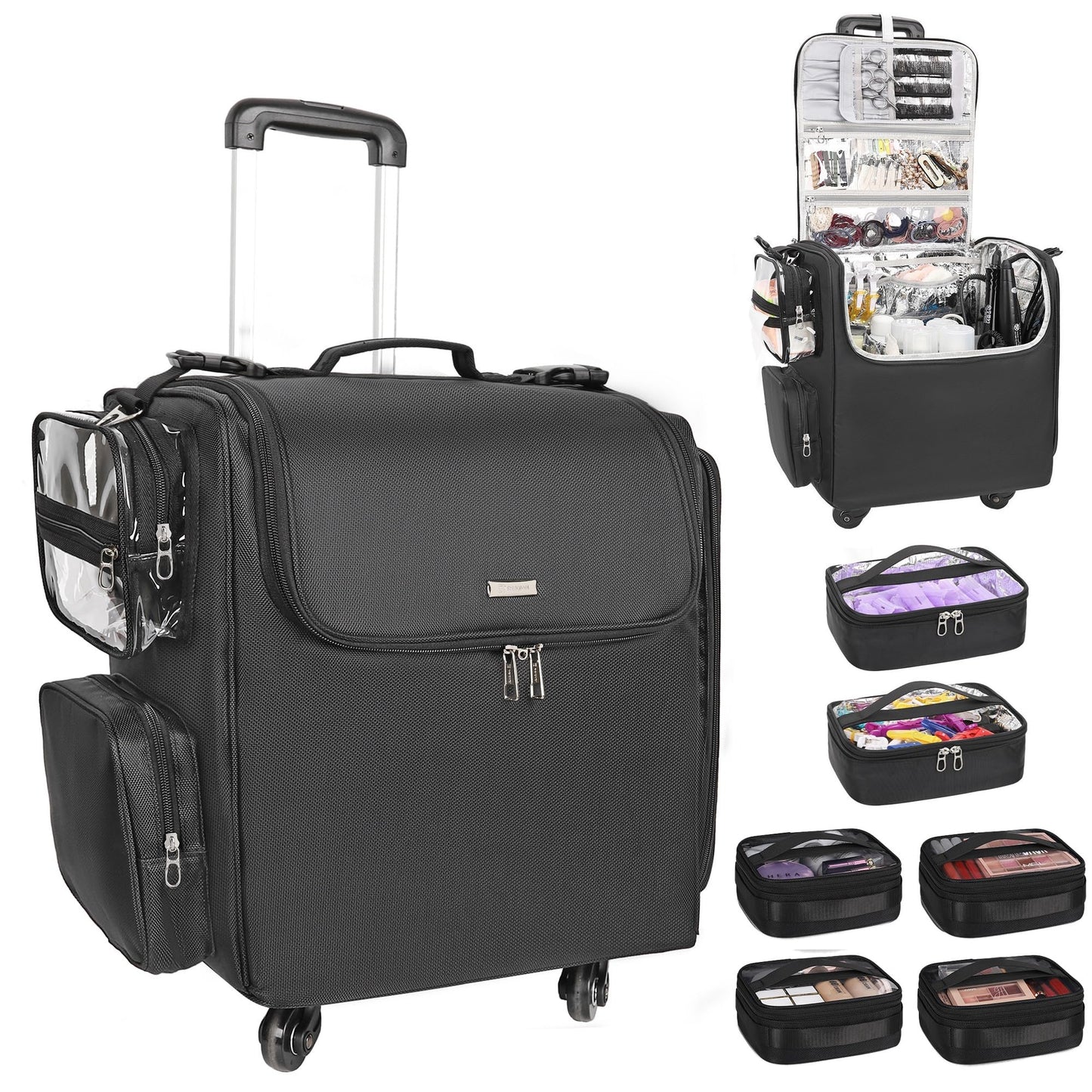 Rolling Makeup Train Case with Adjustable Dividers and Beauty Tool Storage Organizer
