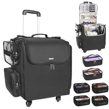 Rolling Makeup Train Case with Adjustable Dividers and Beauty Tool Storage Organizer